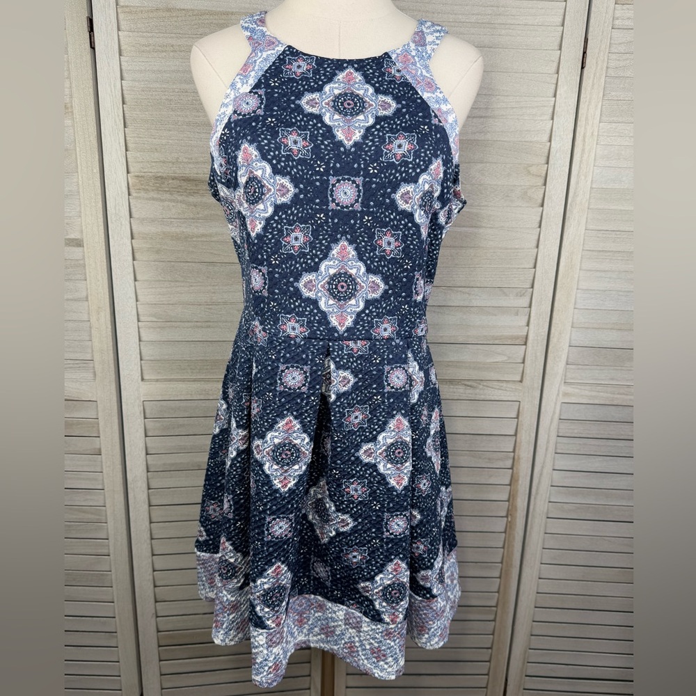 REWIND Fit & Flare Midi Dress Blue & White Medallion Print-Large